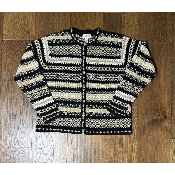 Vintage Talbots Silk Blend Button Up‎ Cardigan Size L Geometric Country Cabin - Picture 1 of 9